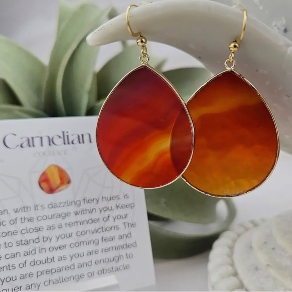 Lightweight Natural Carnelian Gemstone Teardrop Dangle Earrings